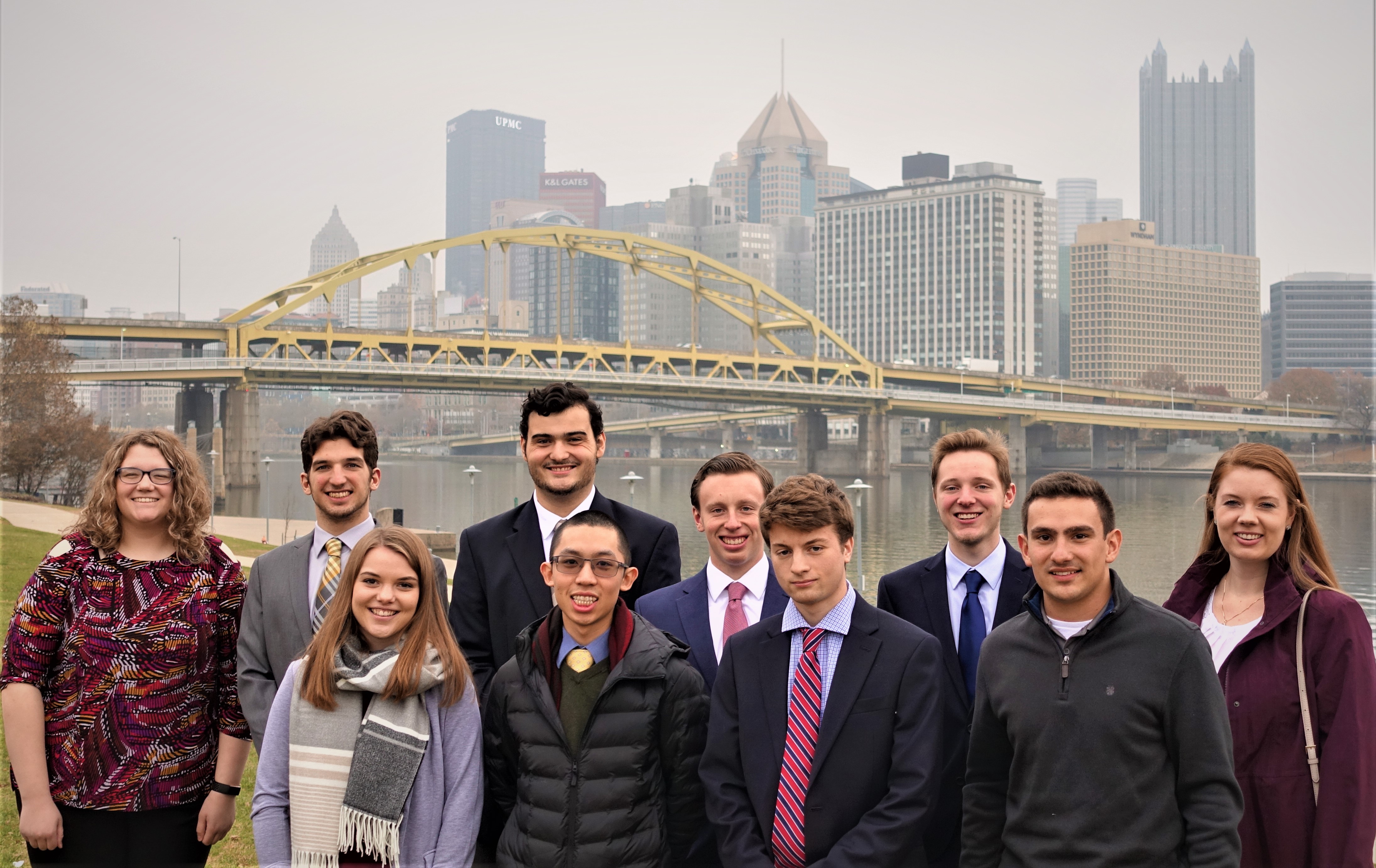 Saint Vincent students in standing on the north shore of Pittsburgh with the city of Pittsburgh in the background. 