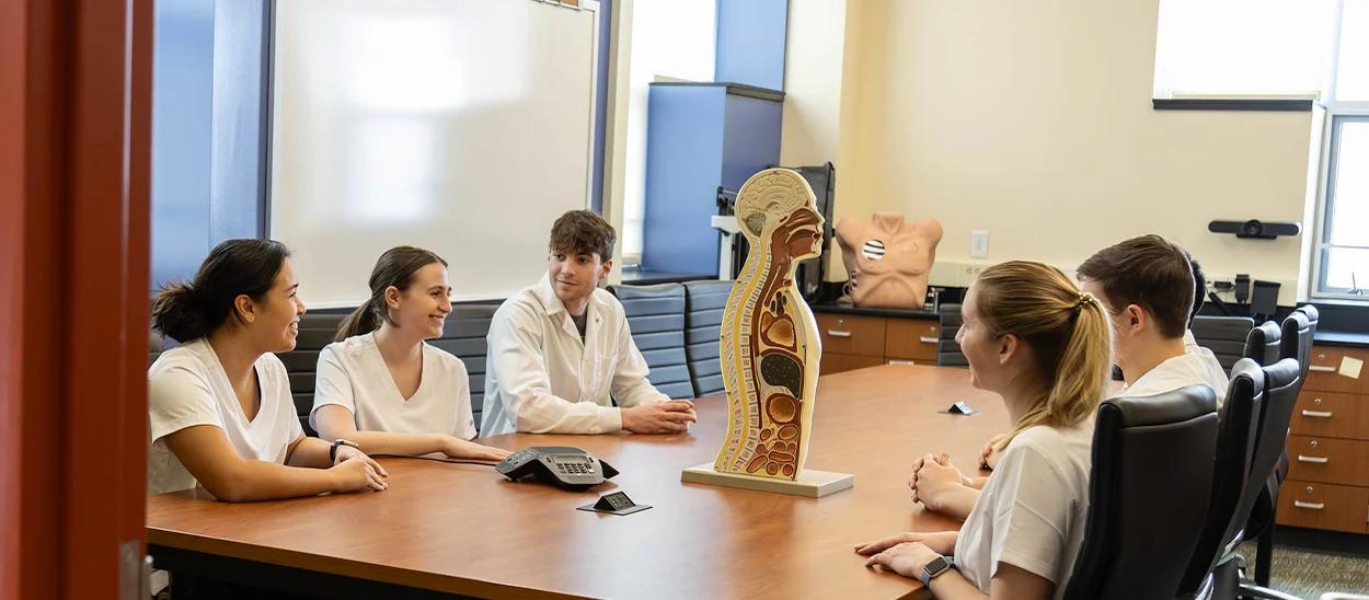 Medical students engaged in a discussion around a table, with a model of the human anatomy as a focal point in a classroom setting.