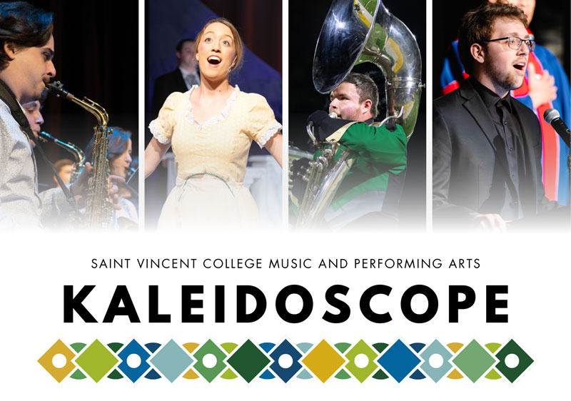 Event graphic titled Kaleidoscope showing a collage of four students engaged in various performances.