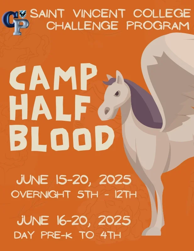 Illustration of a winged horse representing "Camp Half Blood" for the Saint Vincent College Challenge Program, with event dates listed.