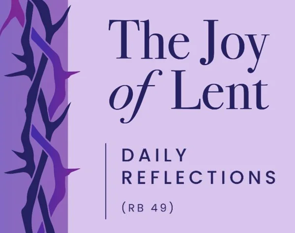 Logo design for The Joy of Lent Daily Reflections featuring a purple background and thorn motif