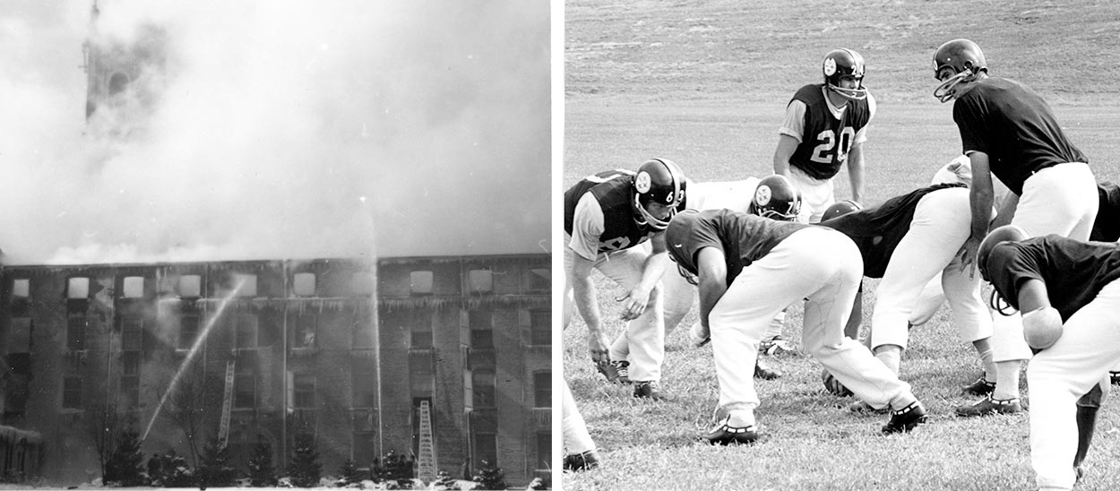 Two archival photos on the left shows the fire that happend in 1963 the photo son the right shows the first pittsburgh steelers camp with the players on the football field