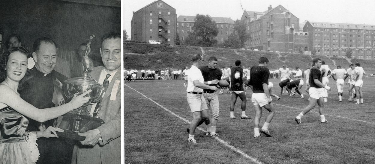 two photos from the tangerine bowl showing the trophy being presented on the left and a photo of players on the field on the right.