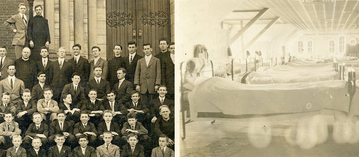 two archival photos on the left is a group photo of the prep school and college classes, photo on teh right is showing rows of beds in the dormatory.