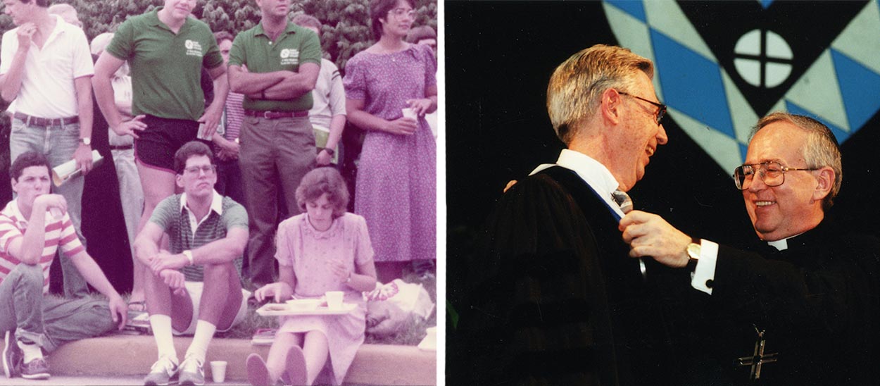 two archival photos, on the left showing male and femal students together on campus and the photo on the right showing fred rogers at 154th annual commencement being congradulated