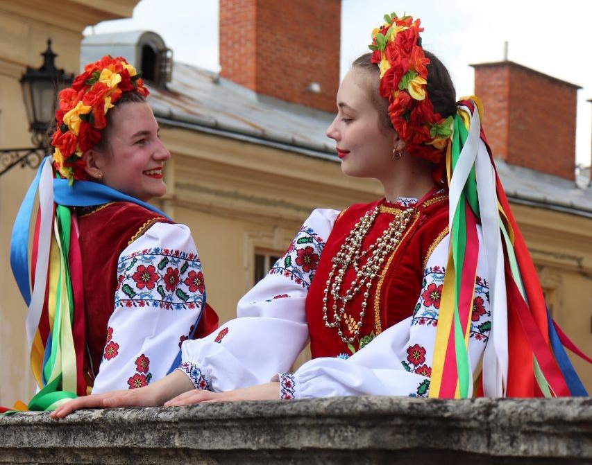 Marta Trembetska and her friend, Anna Sarabun, in traditional costume for a folk dance called the Hopak.