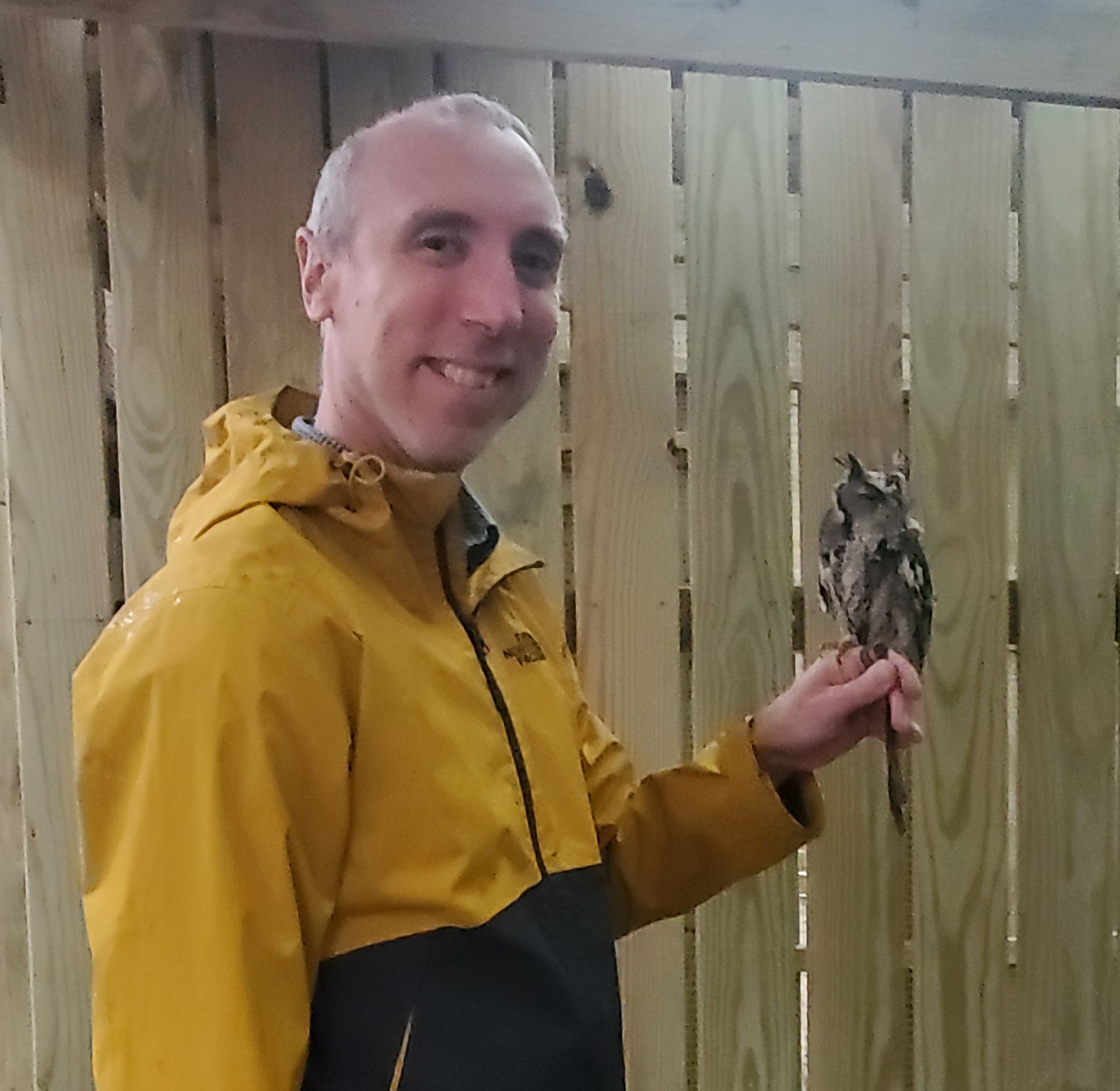 SVC professor Dr. Jim Kellam holds a screech-owl at Wildbird Recovery at Stormy Oaks Nature Conservancy in Valencia, PA
