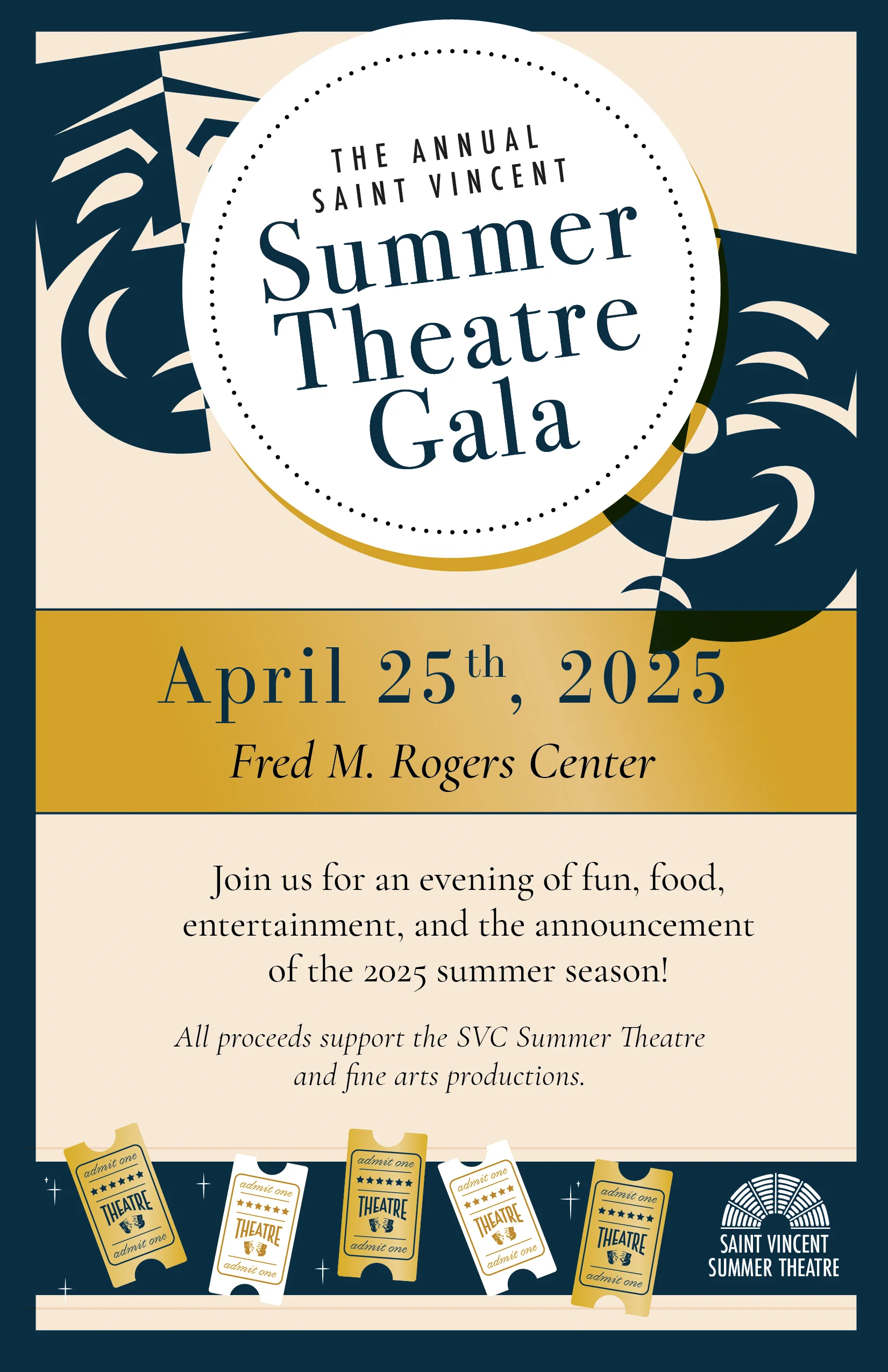 Promotional poster for the Saint Vincent Summer Theatre Gala, featuring event details and date prominently.