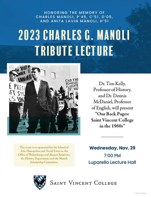 2023 Charles G. Manoli Tribute Lecture announcement featuring Dr. Tim Kelly and Dr. Dennis McDaniel discussing "Our Back Pages: Saint Vincent College in the 1960s."