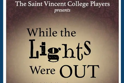 Promotional poster for the comedic murder mystery "While the Lights Were Out," featuring bloody knife imagery and details about the performance dates and director.