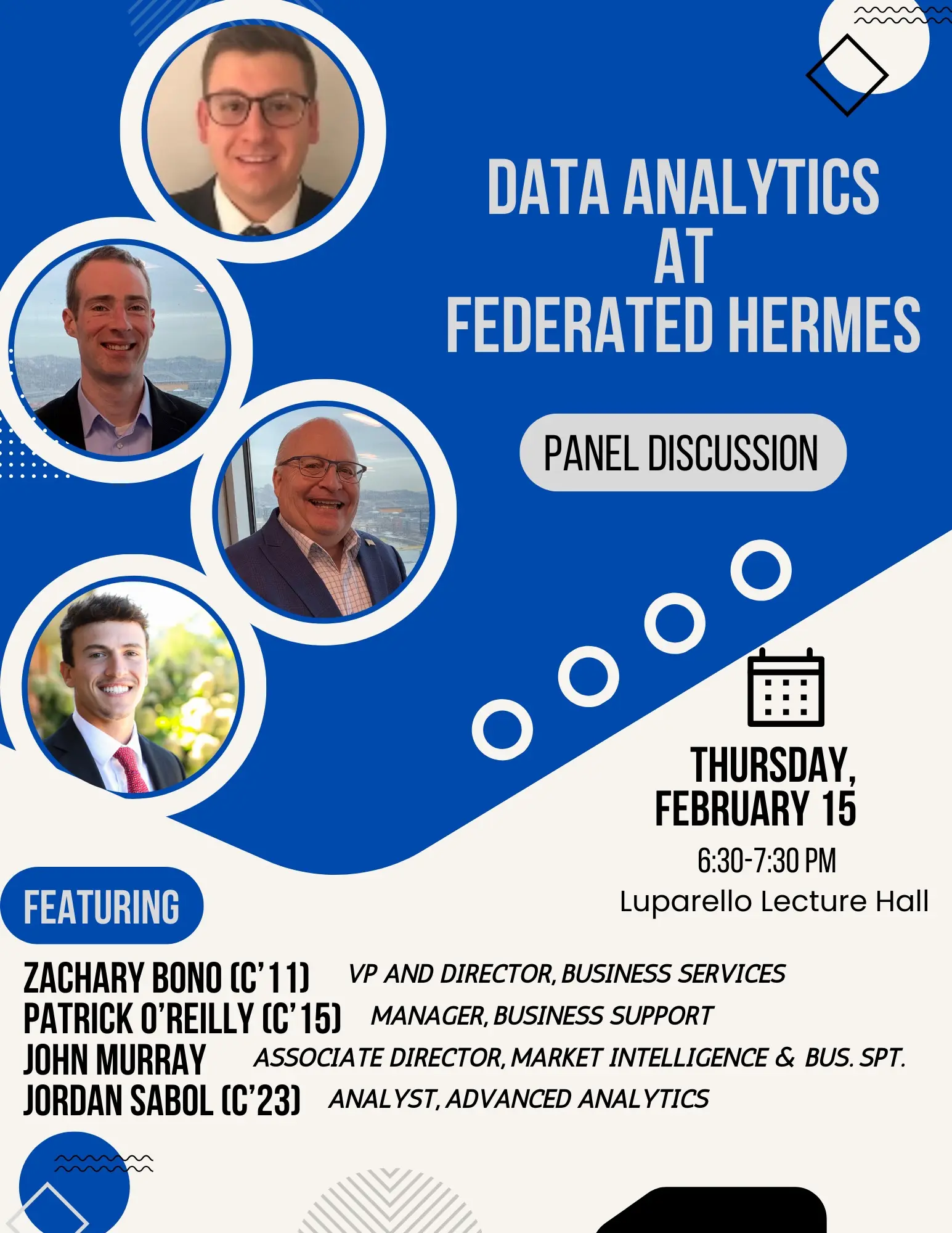 Promotional flyer for a panel discussion on data analytics at Federated Hermes, featuring speakers Zachary Bono, Patrick O'Reilly, John Murray, and Jordan Sabol.