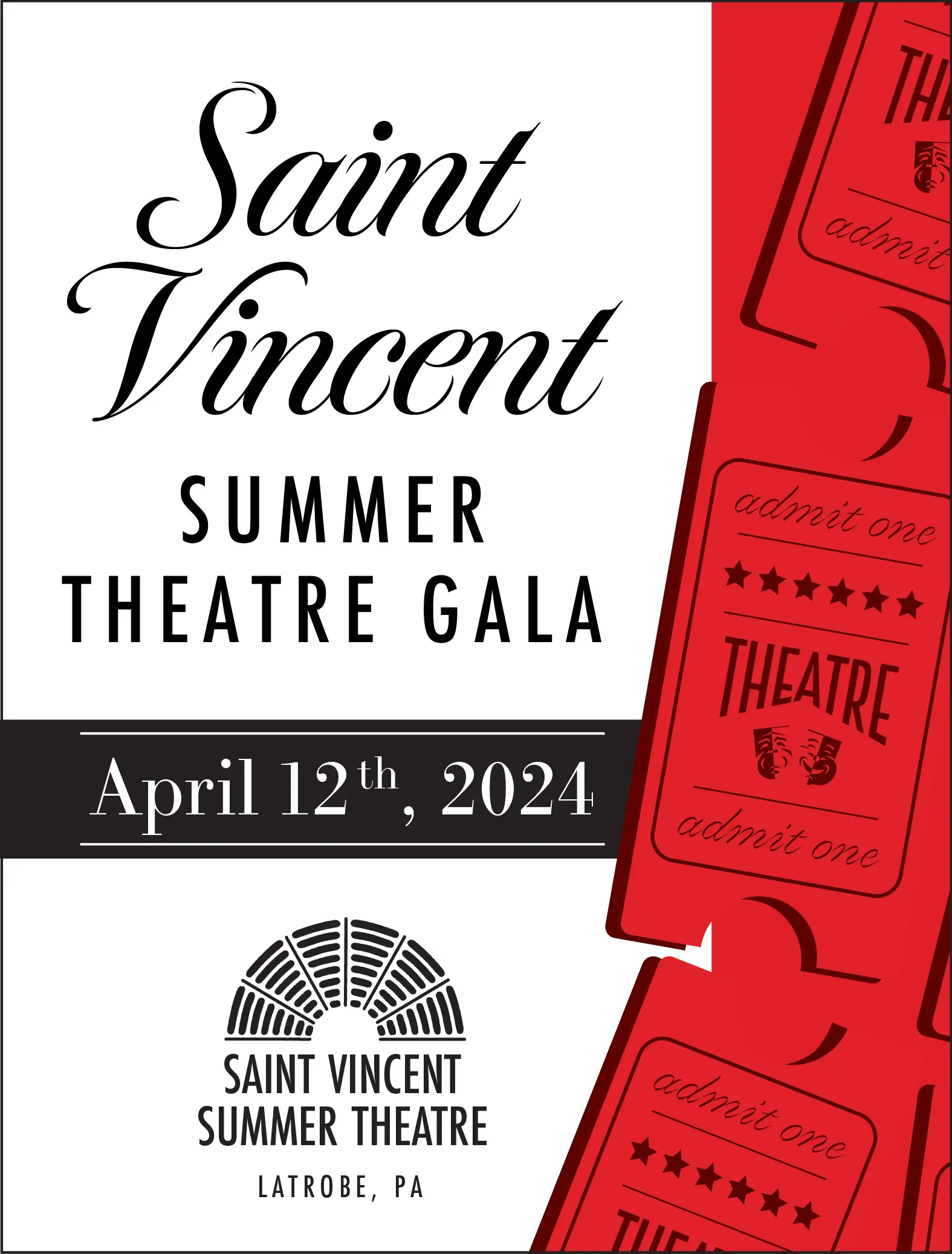 Logo for the Saint Vincent Summer Theatre Gala, featuring event details including the date and location.