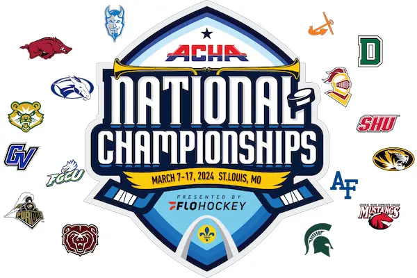 Logo for the ACHA National Championships, featuring event details and team logos, taking place from March 7-17, 2024, in St. Louis, MO.