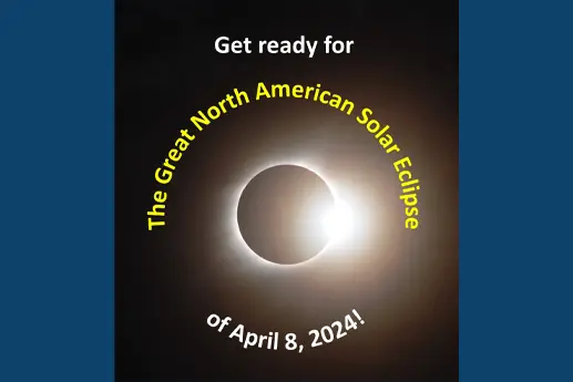 Promotional graphic announcing the Great North American Solar Eclipse on April 8, 2024.