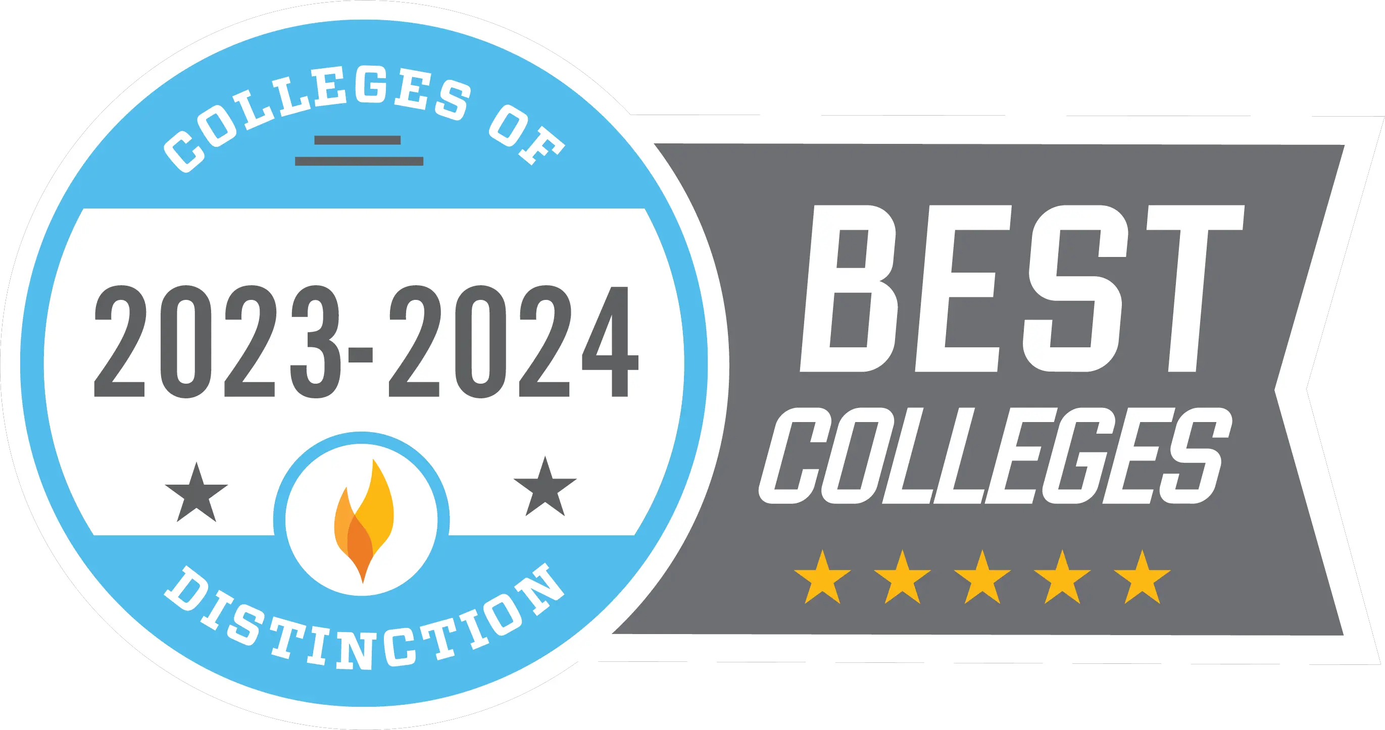 Colleges of Distinction logo for 2023-2024, highlighting the designation of "Best Colleges" with five stars.