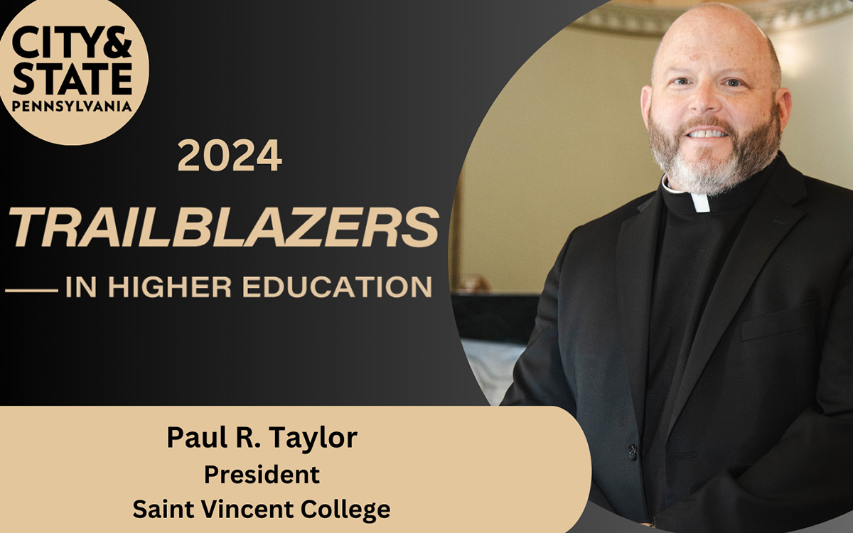 Logo and portrait of Paul R. Taylor, President of Saint Vincent College, featured as a 2024 Trailblazer in Higher Education.