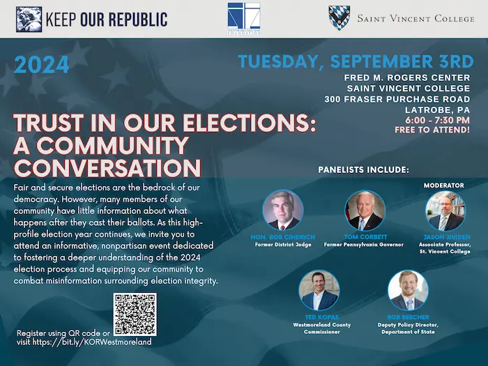 Event flyer for a community conversation titled "Trust in Our Elections," featuring a panel discussion on election integrity and misinformation, taking place at Saint Vincent College on September 3rd, 2024.