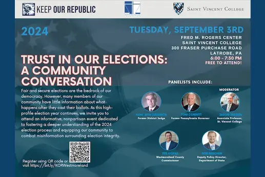 Event flyer for a community conversation titled "Trust in Our Elections," featuring a panel discussion on election integrity and misinformation, taking place at Saint Vincent College on September 3rd, 2024.