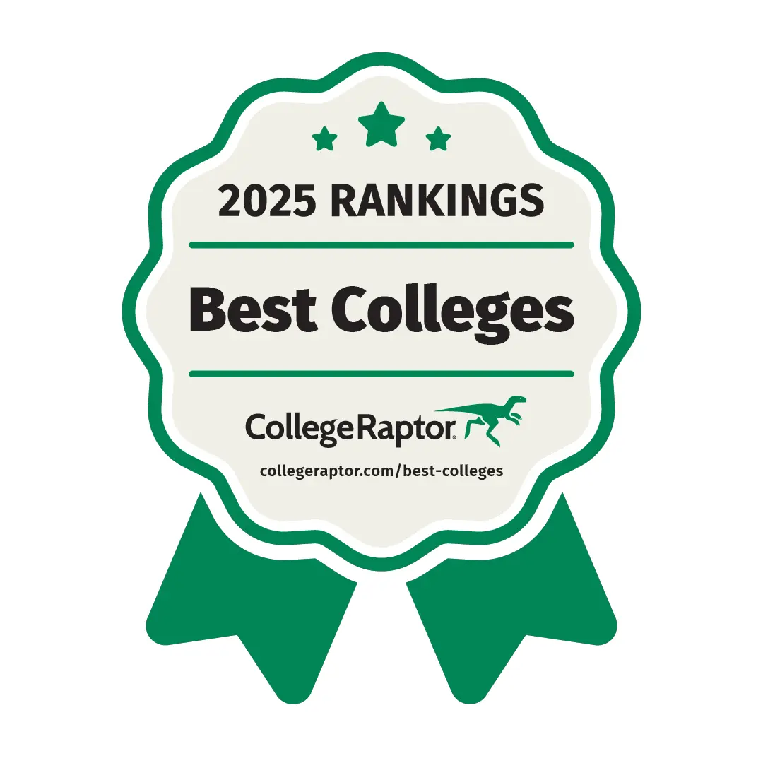 2025 Best Colleges badge from College Raptor, featuring a green ribbon design with stars.