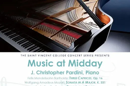 Concert poster featuring J. Christopher Pardini playing piano, promoting the "Music at Midday" event on September 20, 2024, at the Verostko Center for the Arts.