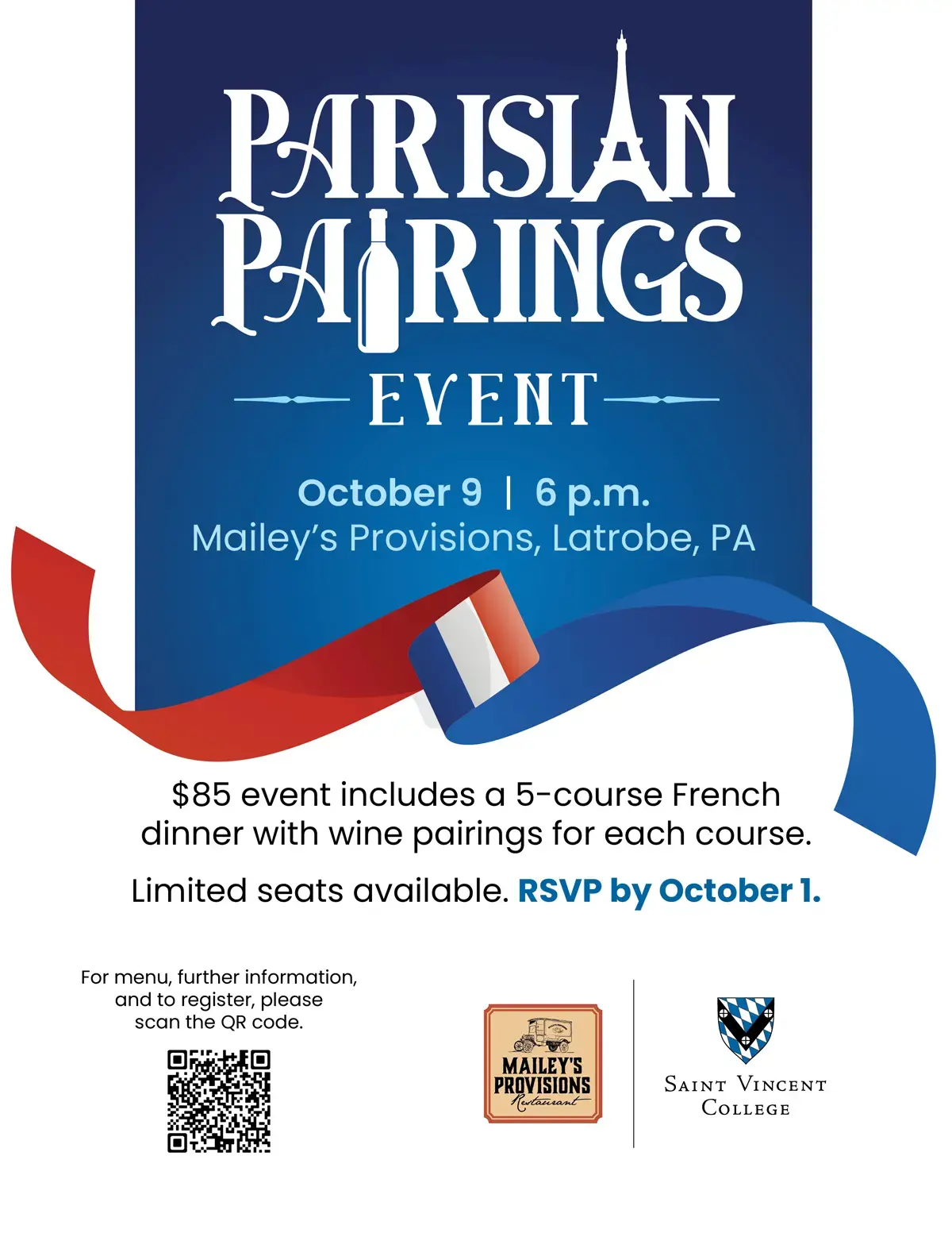 Promotional flyer for the Parisian Pairings event featuring a 5-course French dinner with wine pairings, scheduled for October 9 at Mailey's Provisions in Latrobe, PA.