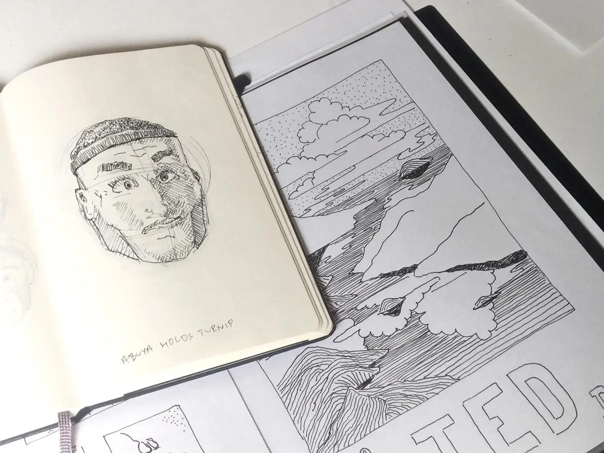 Sketches of a male face and a landscape illustration featuring clouds and waves.