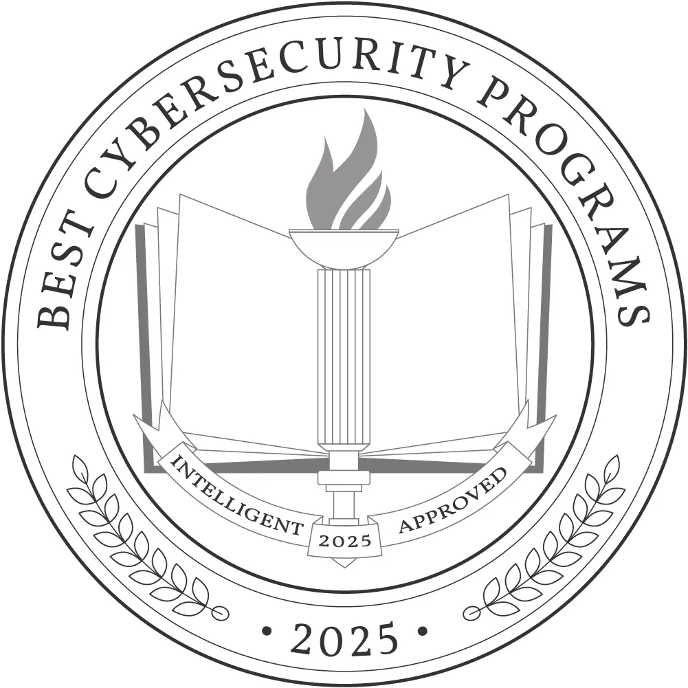 Seal representing the "Best Cybersecurity Programs" for 2025, featuring an open book and a torch.